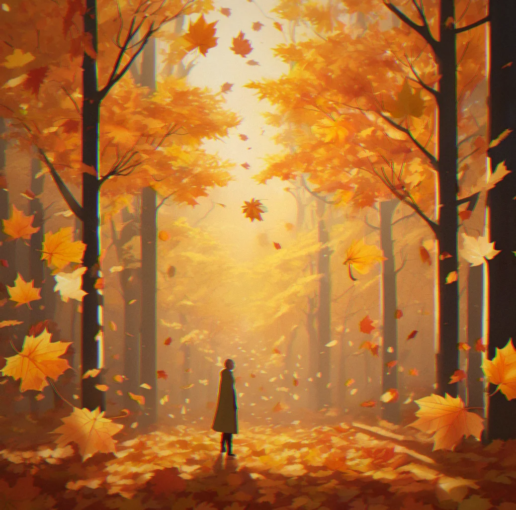Multiple glowing maple leaves suspended in soft light among autumn foliage