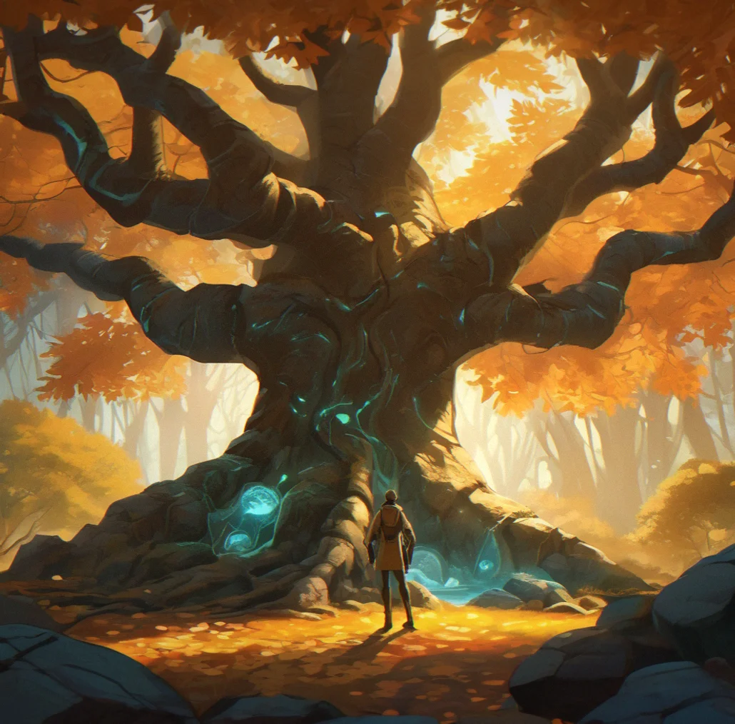A shadowed stone alcove nestled beneath ancient tree roots with soft bioluminescence within