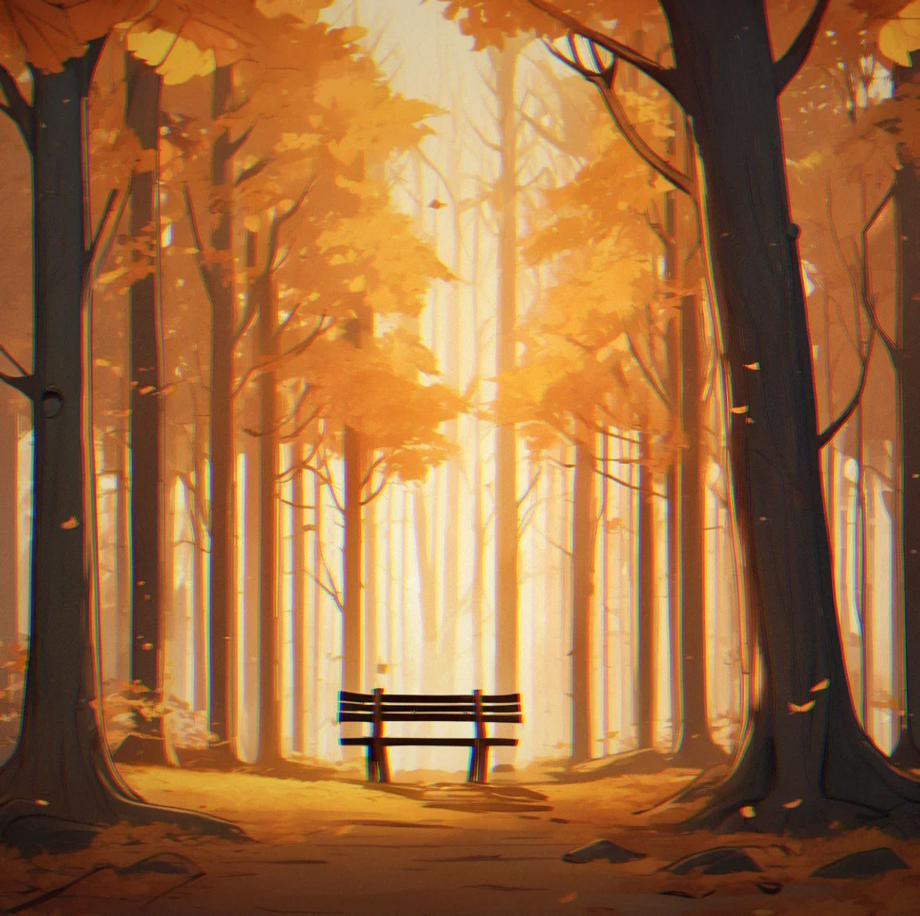 A peaceful forest clearing with a lone wooden bench surrounded by tall trees at golden hour