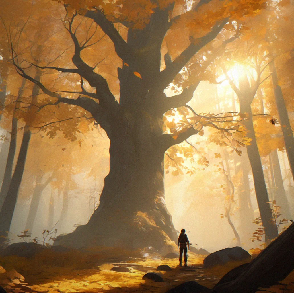 A misty forest interior with layered trees receding into fog and scattered weathered artifacts
