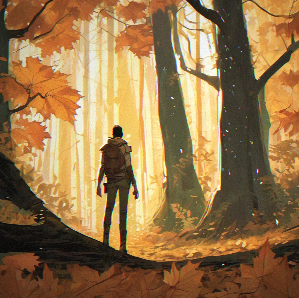 A character standing motionless in a rain-soaked forest, head tiilted as if listening