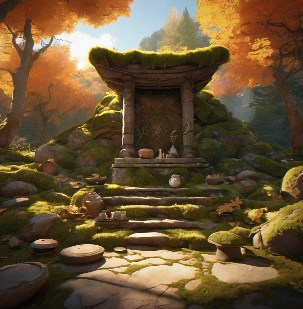 Weathered pottery, tools, and personal items arranged around a moss-covered stone altar
