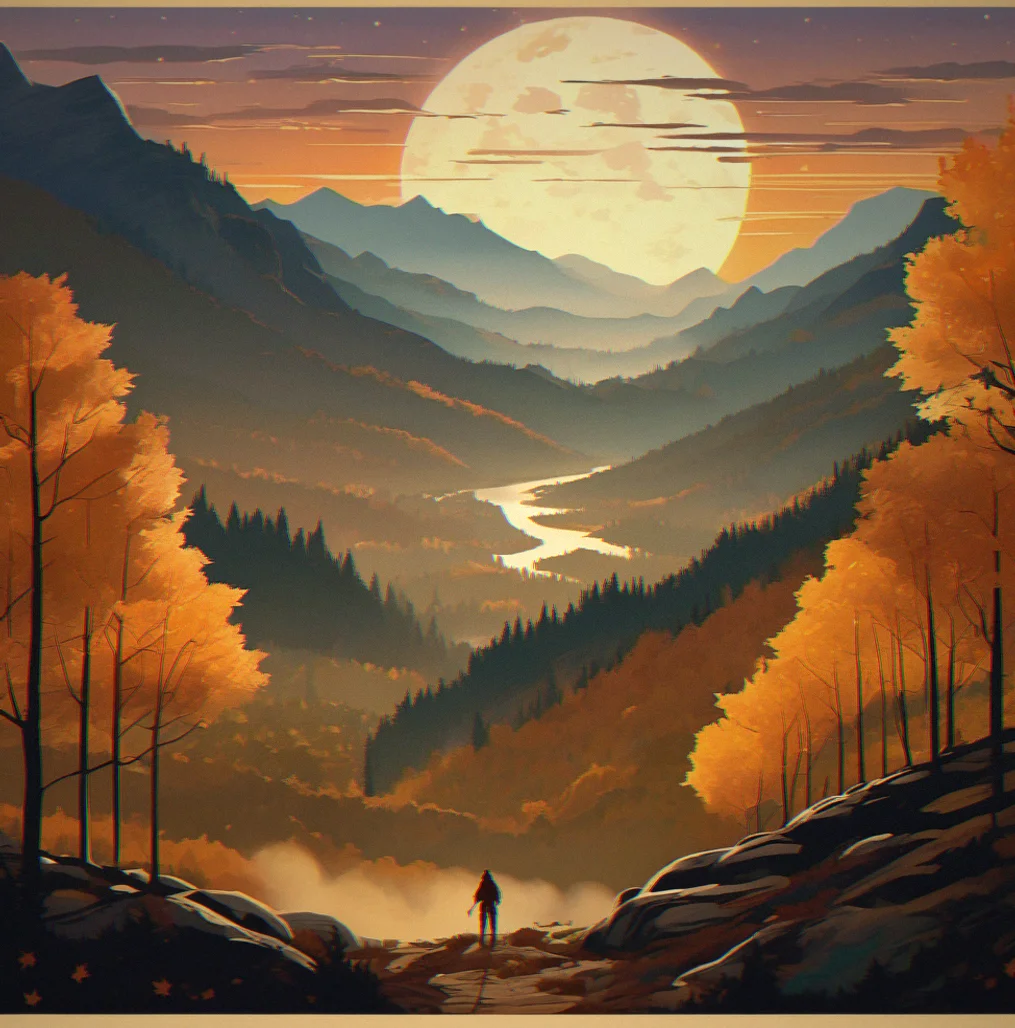Wide valley landscape at dusk with mist rising between forested ridges and stars appearing above