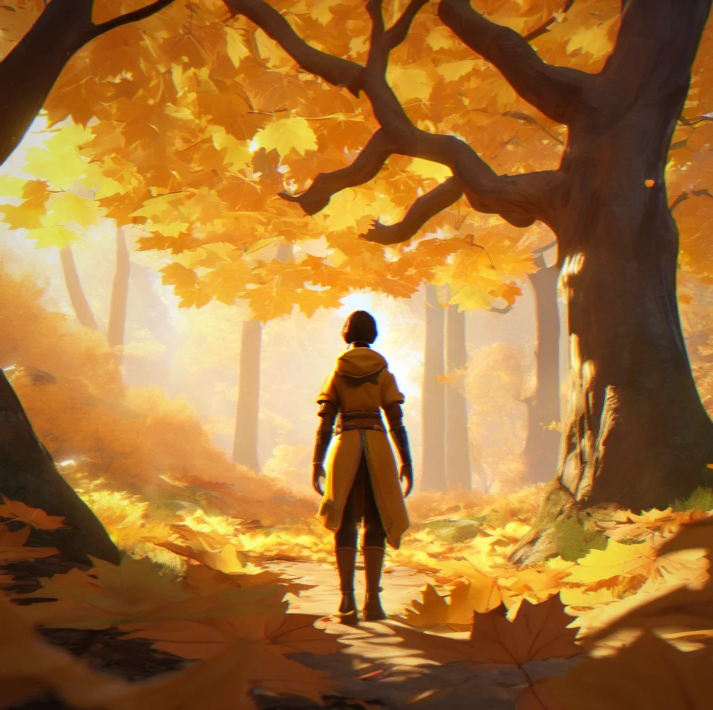 Glowing leaves scattered across the forest floor, marking a path through thick undergrowth
