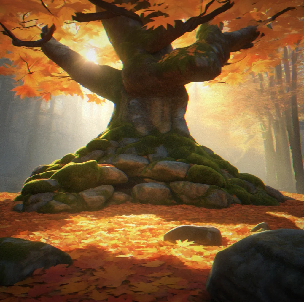 A maple leaf glows softly as it rests on moss-covered stone, golden light streaming through the trees above