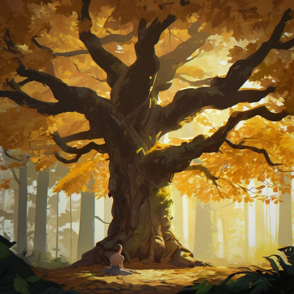 Deep in the forest sits a small alcove beneath an old oak tree, mostly hidden by ferns and shadow
