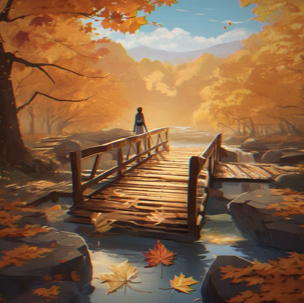 An old wooden bridge crosses over a quiet stream with fallen leaves scattered all over the planks