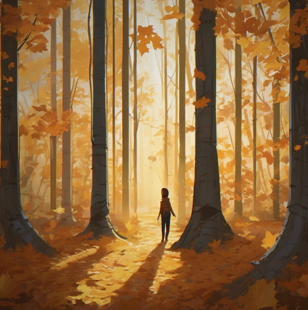 Light breaks through the forest canopy at dusk and casts patterns across the clearing floor