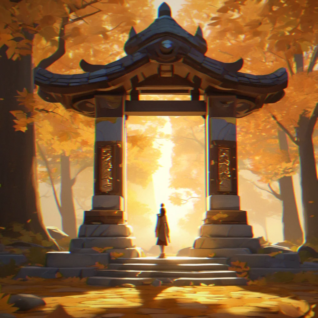 An old shrine made from stacked stones with glowing leaves arranged in a spiral around it