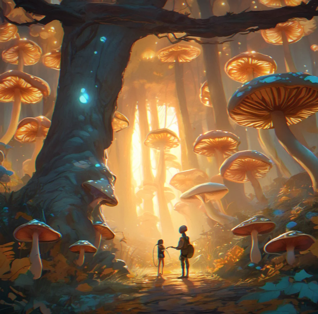 Mushrooms form a ring in the twilight, their bioluminescent spores creating a soft haze at the edges