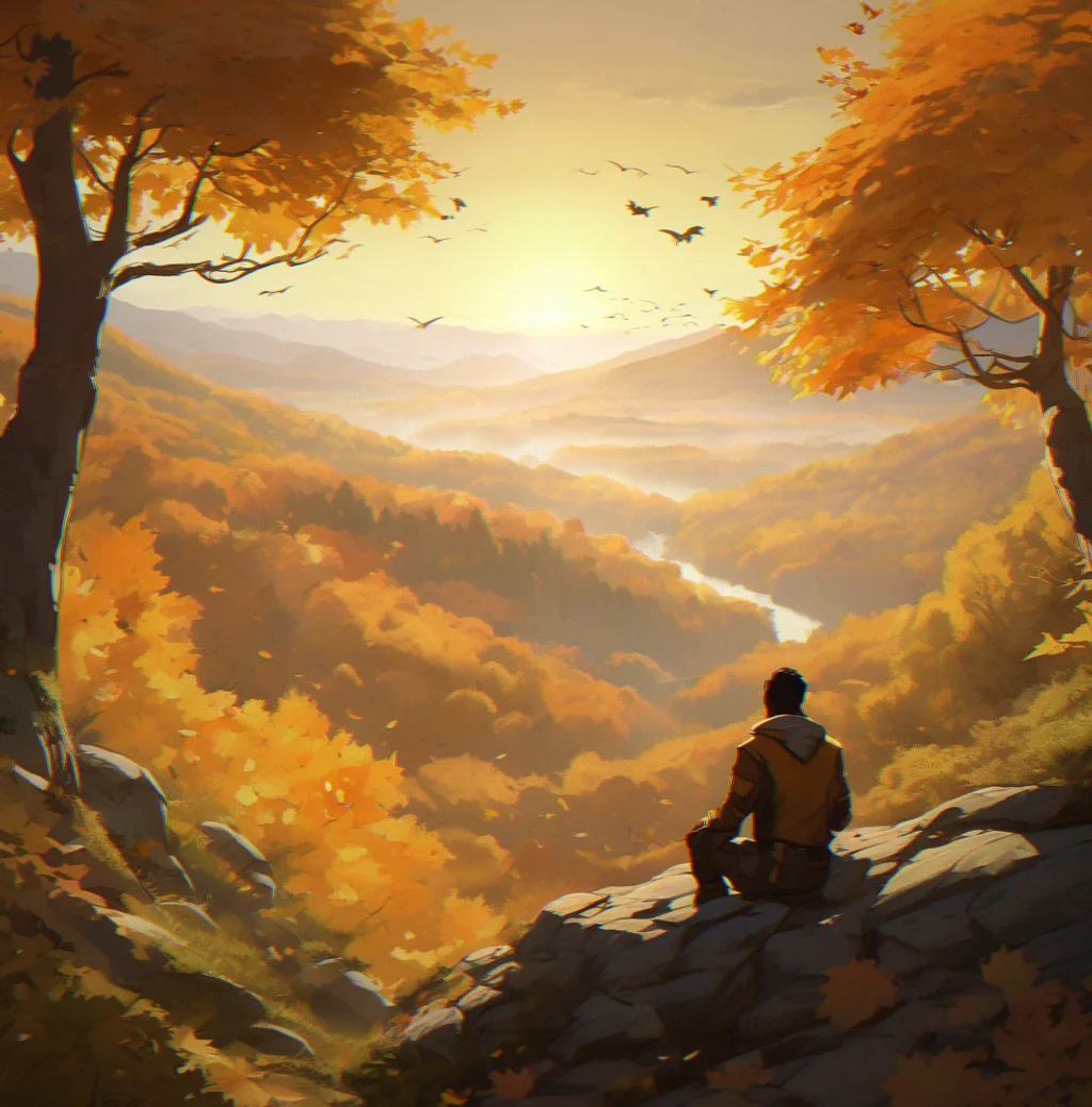 Someone sits on a hillside looking out over a forested valley with mist rolling up from below