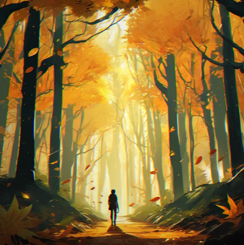 The forest is thick and wet with rain dripping from the leaves, small glowing traces marking a path you can't quite see