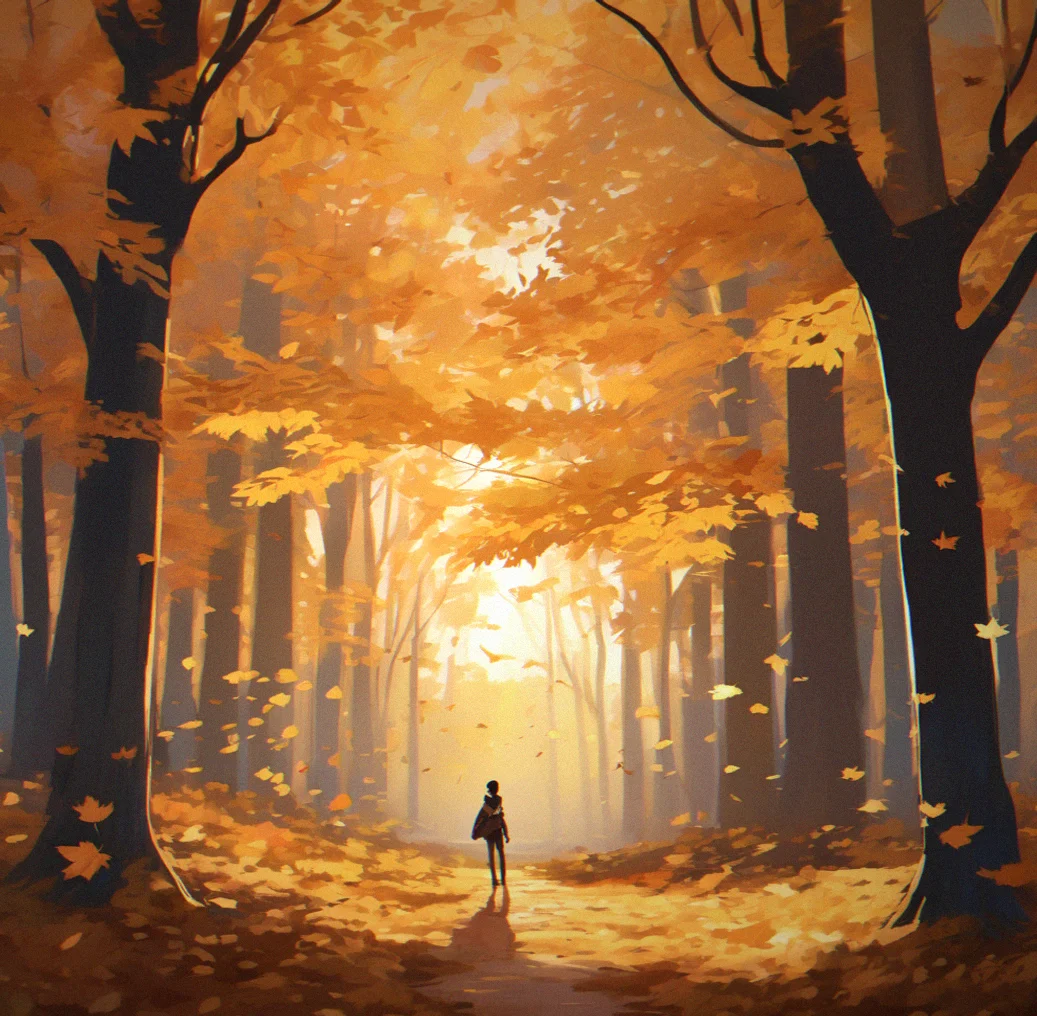 A forest clearing at twilight. Golden light spills through the canopy and catches on scattered maple leaves across the ground