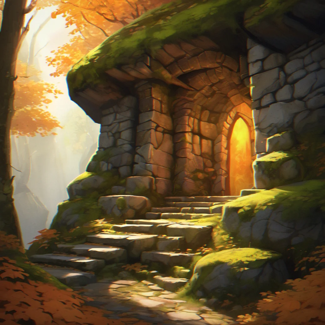 Stone alcove built into the hillside, walls covered in moss, a glowing artifact tucked in the shadows. The kind of place you'd want to spend an afternoon in