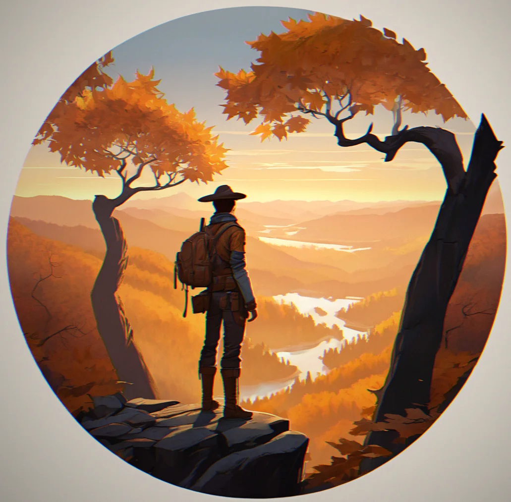 Wide forested valley at dusk. Mist sits between the ridges. Your character stands on an outcrop looking out across it all