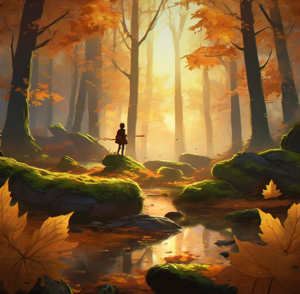 A misty forest clearing at dusk with glowing maple leaves scattered among moss-covered stones and fallen logs